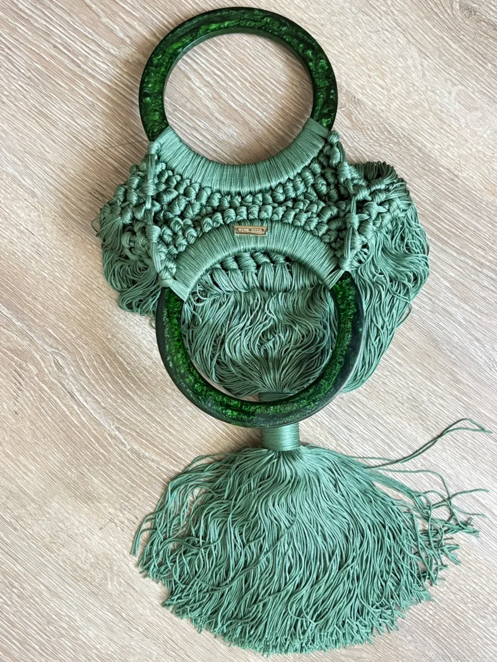 Cult Gaia Green Macrame Angelou Fringe Handbag with Ring Handle (rare) one size
